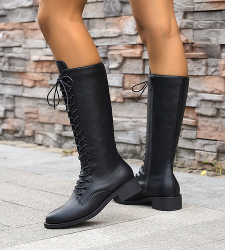 Women’s Round Toe Lace-Up Knee-High Boots – Stylish Casual Long Boots
