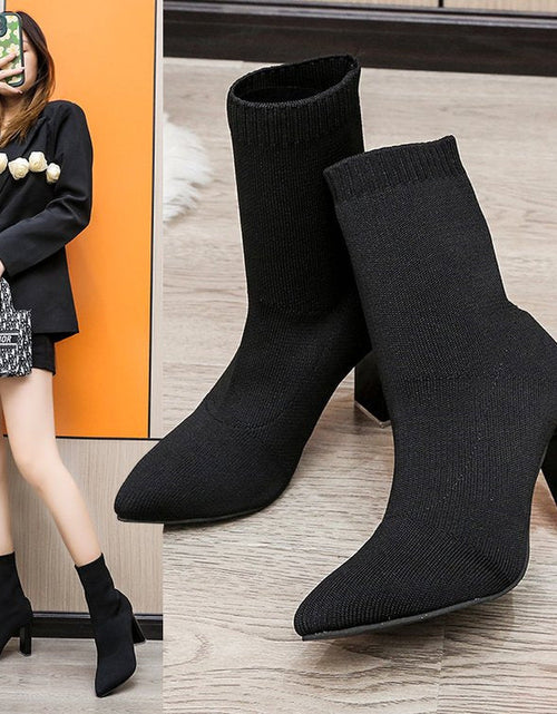 Load image into Gallery viewer, Women’s Chunky-Heeled Knitted Suede Ankle Boots
