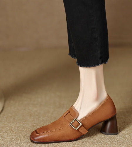 Women's Retro British Style Chunky Heel Leather Shoes – Round Toe Commuter