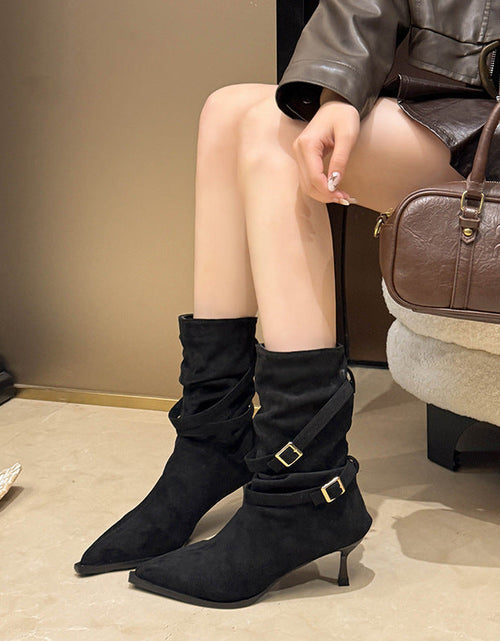 Load image into Gallery viewer, Pointed-Toe Suede Stiletto Ankle Boots Women
