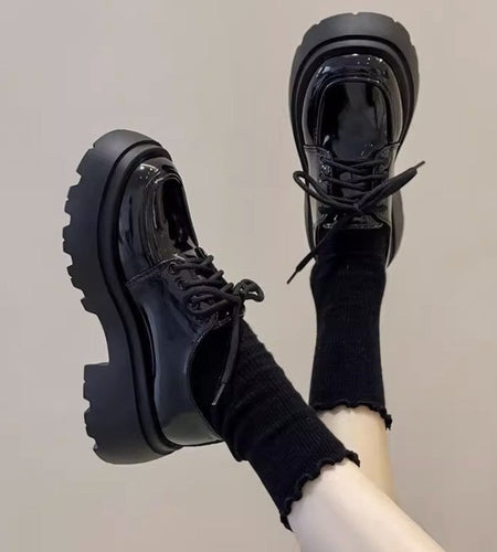 Women’s British Style Chunky Sole Leather Shoes – Trendy Loafers with Elevated Heel