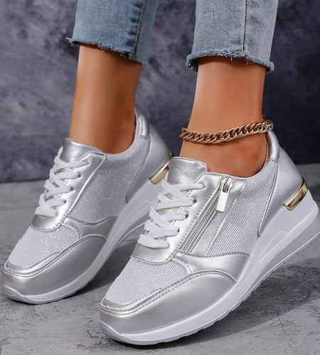 Metallic Lace-Up Side Zipper Thick-Sole Sneakers – 3 Colors EU 37–44