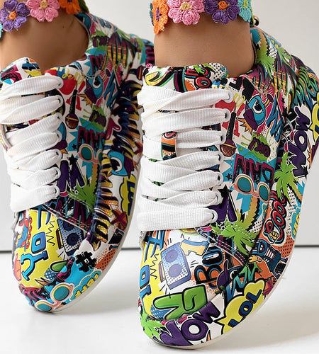 Round-Toe Thick-Sole Lace-Up Sneakers — Women’s Casual Print Shoes