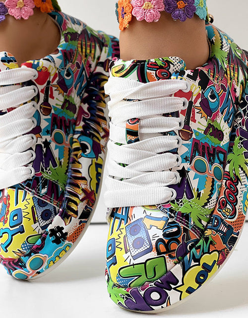 Load image into Gallery viewer, Round-Toe Thick-Sole Lace-Up Sneakers — Women’s Casual Print Shoes
