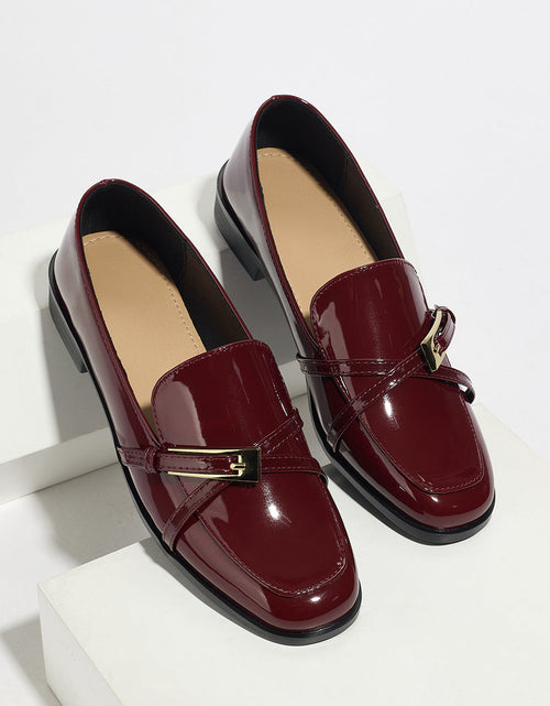 Load image into Gallery viewer, Women’s Patent Leather Square Toe Loafers | Low Heel Slip-On Flats
