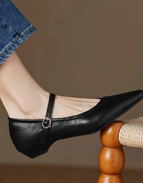 Load image into Gallery viewer, Women's Pointed Toe Low Square Heel Buckle Flats – Floral Detail Dress Shoes
