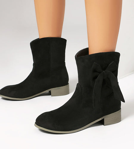 Women’s Low Heel Suede Bow Boots | Large Size Casual Winter Ankle Boots
