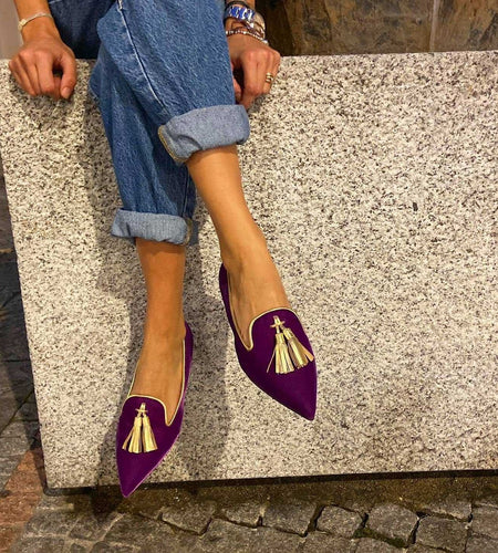 Women's Suede Pointed Toe Tassel Flats – Shallow Mouth Low Heel Casual Shoes
