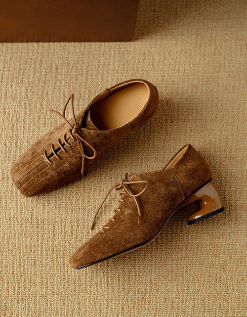 Load image into Gallery viewer, Women's Retro Sheepskin Square Toe Chunky Heel Pumps – Lace-Up Mid Heel
