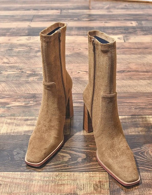 Load image into Gallery viewer, Square Toe Fleece-Lined French Boots – Chunky Heel Winter Style

