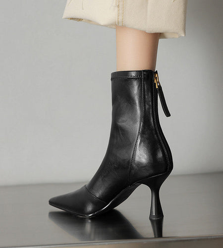 Women’s Cowhide Pointed Toe Stiletto Ankle Boots – Back Zipper High Heel Booties
