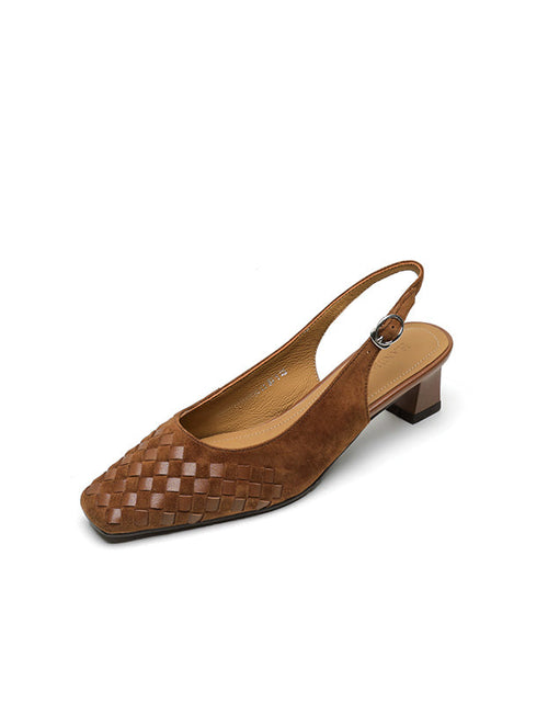 Load image into Gallery viewer, Women's Handmade Suede Woven Slingback Block Heel Sandals, Square-Toe Buckle Dress Shoes
