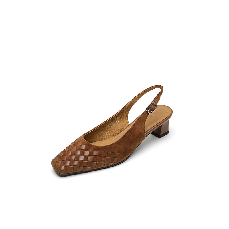 Women's Handmade Suede Woven Slingback Block Heel Sandals, Square-Toe Buckle Dress Shoes