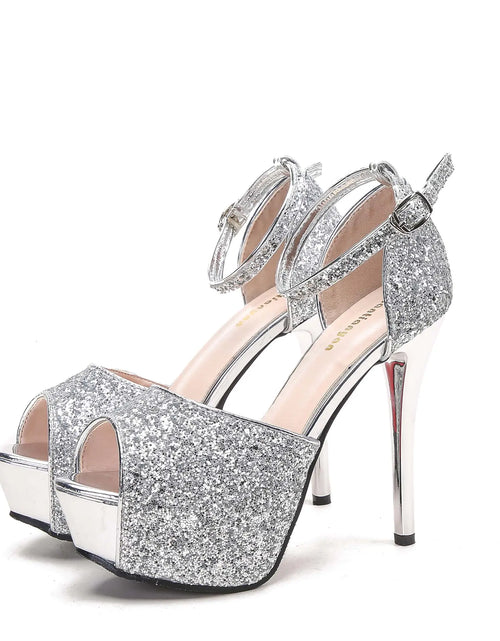 Load image into Gallery viewer, Trendy Metallic Sequin Peep-Toe High Heels Sandals
