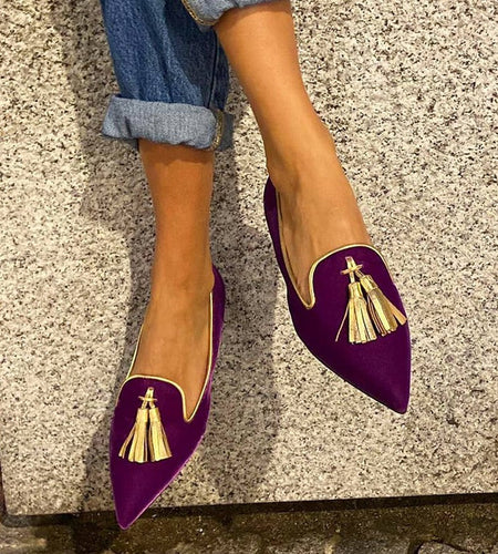 Women's Suede Pointed Toe Tassel Flats – Shallow Mouth Low Heel Casual Shoes