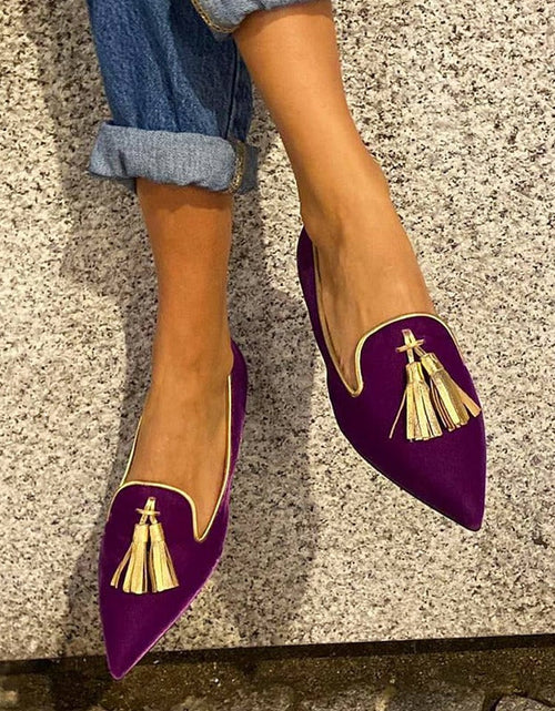 Load image into Gallery viewer, Women's Suede Pointed Toe Tassel Flats – Shallow Mouth Low Heel Casual Shoes
