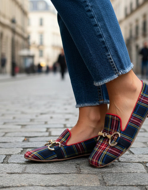 Load image into Gallery viewer, Women's Plaid Square Toe Flats – Buckle Casual Shoes in Red &amp; Blue
