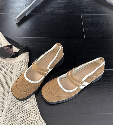 Women's Retro Color-Block Mary Jane Flats – Double-Strap Chunky Heel Peep-Toe Casual Shoes