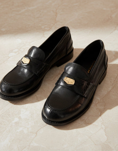 Load image into Gallery viewer, Women's Gold Coin Loafers – British-Style Round Toe Leather Slip-On Flats
