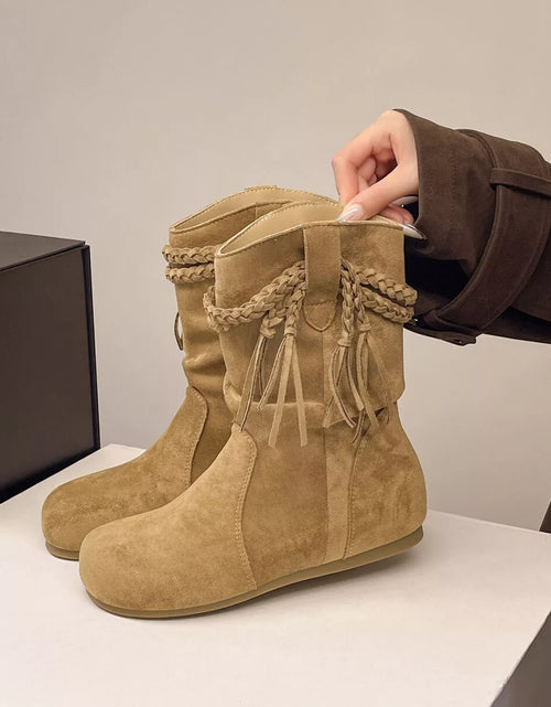Load image into Gallery viewer, Suede Fringe Round Toe Boots with Block Heel
