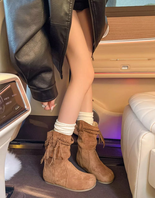 Load image into Gallery viewer, Suede Fringe Round Toe Boots with Block Heel
