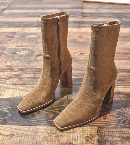 Square Toe Fleece-Lined French Boots – Chunky Heel Winter Style
