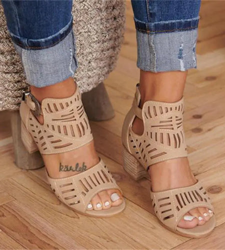 Cutout Floral Chunky Heels Women's Sandals