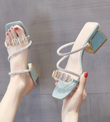 Women's Korean Style Rhinestone Single Strap Slide Sandals – Mid Chunky Heel