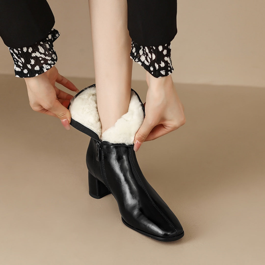 Women’s Short Fur Snow Boots – Chunky Mid-Heel Cotton Winter Boots