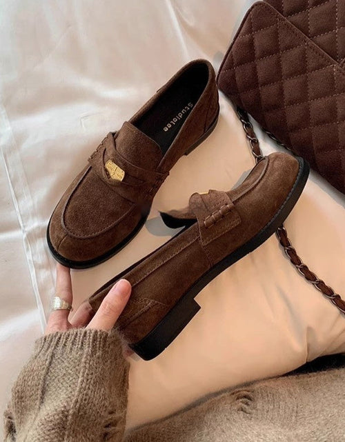 Load image into Gallery viewer, Women's British-Style Gold Coin Loafers | Block Heel Leather Slip-Ons
