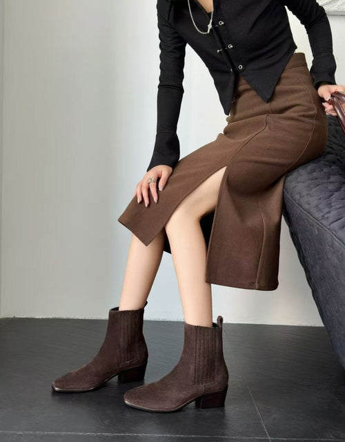 Load image into Gallery viewer, Women’s Retro Square-Toe Mid-Heel Chunky Leather Boots
