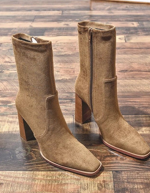 Load image into Gallery viewer, Square Toe Fleece-Lined French Boots – Chunky Heel Winter Style

