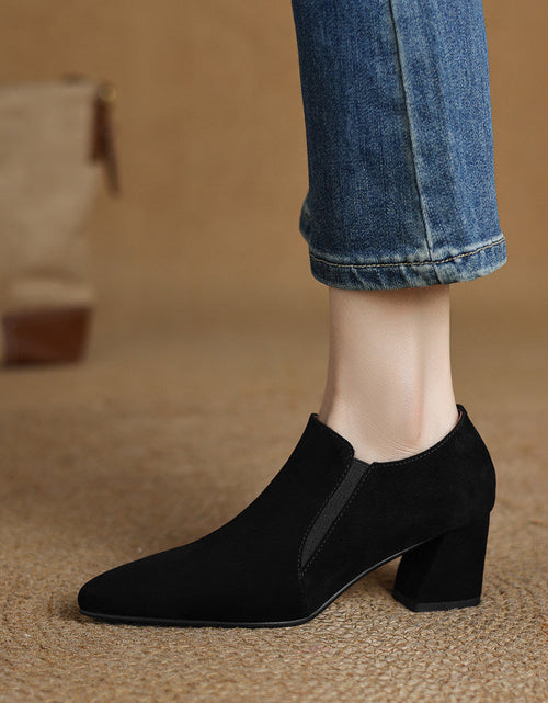 Load image into Gallery viewer, Women's Suede Pointed Toe Chunky Heel Pumps – Deep Vamp Low Heel
