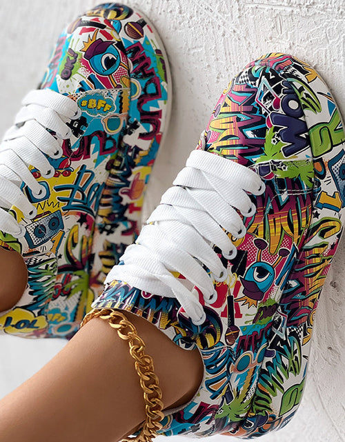Load image into Gallery viewer, Round-Toe Thick-Sole Lace-Up Sneakers — Women’s Casual Print Shoes
