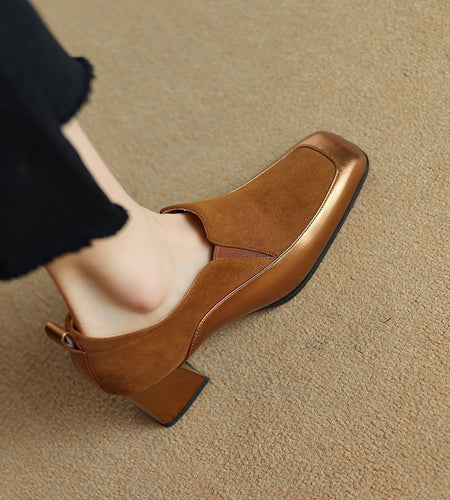 Women's Retro Cowhide Square Toe Chunky Heel Slip-On Pumps