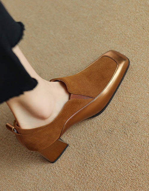 Load image into Gallery viewer, Women's Retro Cowhide Square Toe Chunky Heel Slip-On Pumps

