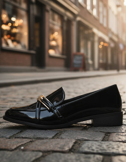 Load image into Gallery viewer, Women’s Patent Leather Square Toe Loafers | Low Heel Slip-On Flats
