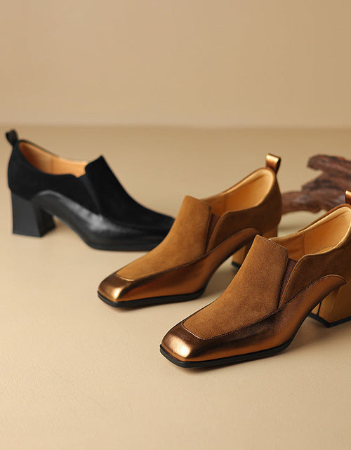 Load image into Gallery viewer, Women's Retro Cowhide Square Toe Chunky Heel Slip-On Pumps
