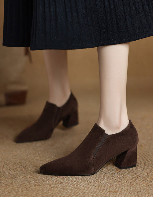 Load image into Gallery viewer, Women's Suede Pointed Toe Chunky Heel Pumps – Deep Vamp Low Heel
