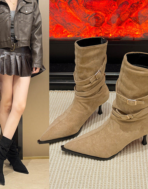 Load image into Gallery viewer, Pointed-Toe Suede Stiletto Ankle Boots Women
