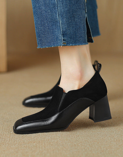 Load image into Gallery viewer, Women's Retro Cowhide Square Toe Chunky Heel Slip-On Pumps
