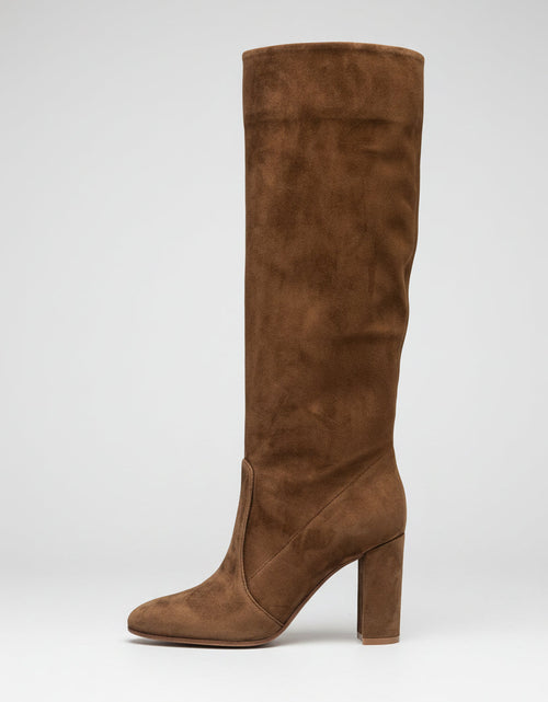 Load image into Gallery viewer, Suede Pleated High Heel Thick Heel Pointed Sleeve Boots
