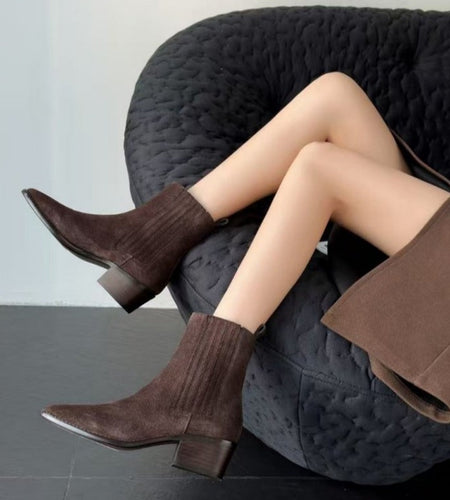 Women’s Retro Square-Toe Mid-Heel Chunky Leather Boots
