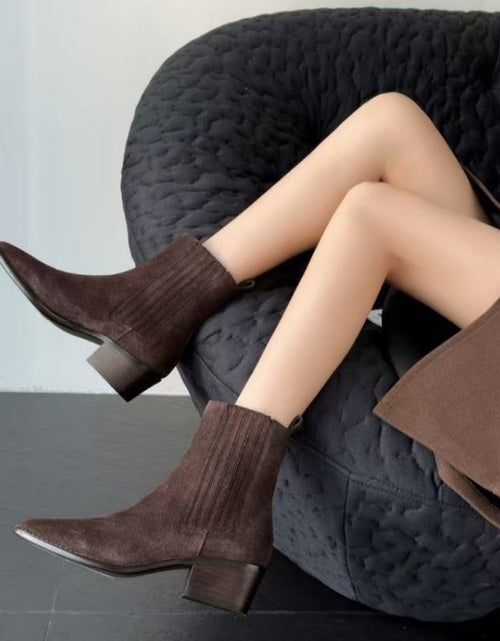 Load image into Gallery viewer, Women’s Retro Square-Toe Mid-Heel Chunky Leather Boots
