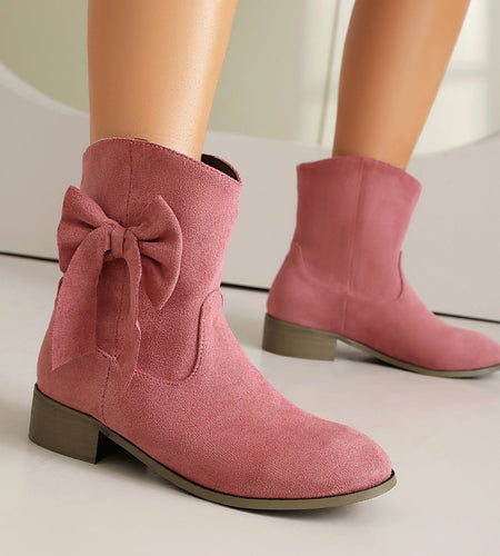 Women’s Low Heel Suede Bow Boots | Large Size Casual Winter Ankle Boots