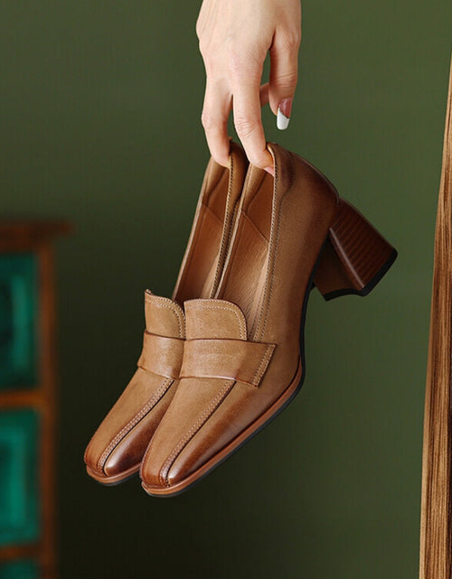 Load image into Gallery viewer, Women's Sheepskin Square Toe Chunky Heel Pumps – Retro High Heel Dress Shoes
