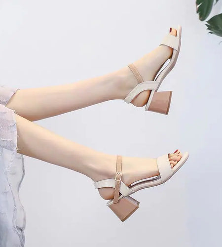 Mid-Heel Chunky Buckle Roman High Heels