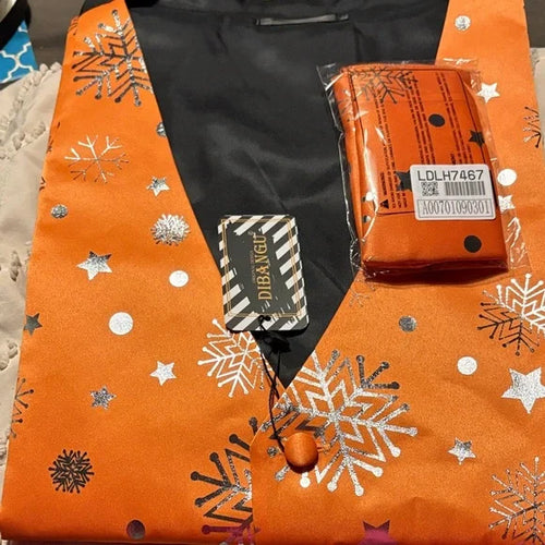 Load image into Gallery viewer, DiBanGu Orange Silver Christmas Snowflake Vest Bow Tie Set Size L
