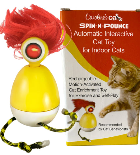 Caroline's Cats Spin-N-Pounce Rechargeable Automatic Interactive Indoor Dancing Cat Toy; Touch Sensor & Auto Shut Off, 360° Rotation, Silent Motor, LED Light, Simulates Prey for Hunting & Exercise