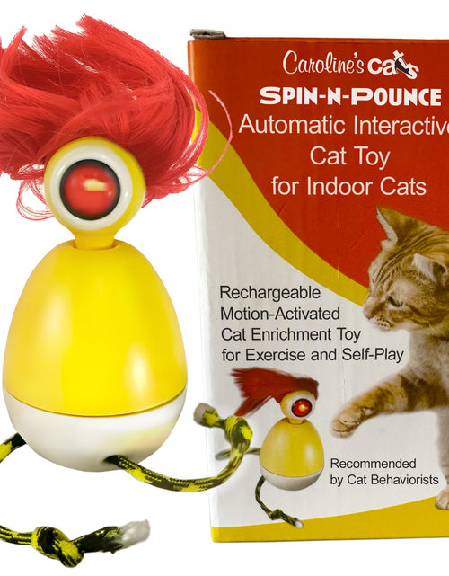 Load image into Gallery viewer, Caroline's Cats Spin-N-Pounce Rechargeable Automatic Interactive Indoor Dancing Cat Toy; Touch Sensor &amp; Auto Shut Off, 360° Rotation, Silent Motor, LED Light, Simulates Prey for Hunting &amp; Exercise
